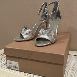NWB and DustBag, JOIE Abigail Silver Ankle Strap Heels, Size 38 / 7